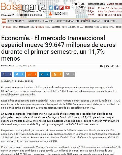 El mercado transaccional espaol mueve 39.647 millones de euros durante el primer semestre, un 11,7% menos